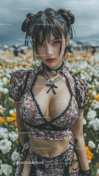 Stylish Young Woman in Floral Crop Top and Gothic Accessories Outdoor