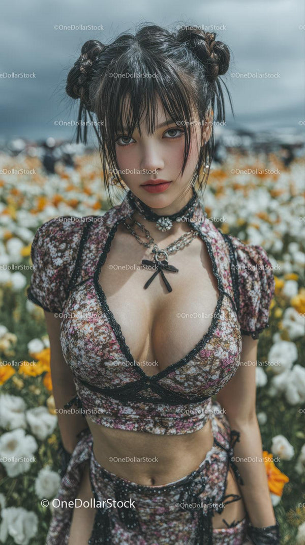 Stylish Young Woman in Floral Crop Top and Gothic Accessories Outdoor