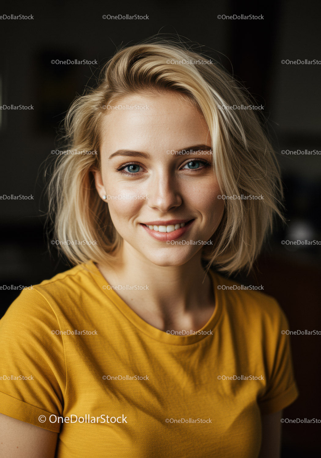 Jasny, przyjazny portret młodej kobiety z blond włosami w żółtej koszulce