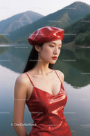 Elegant Woman in Satin Red Dress by Lake with Mountain View