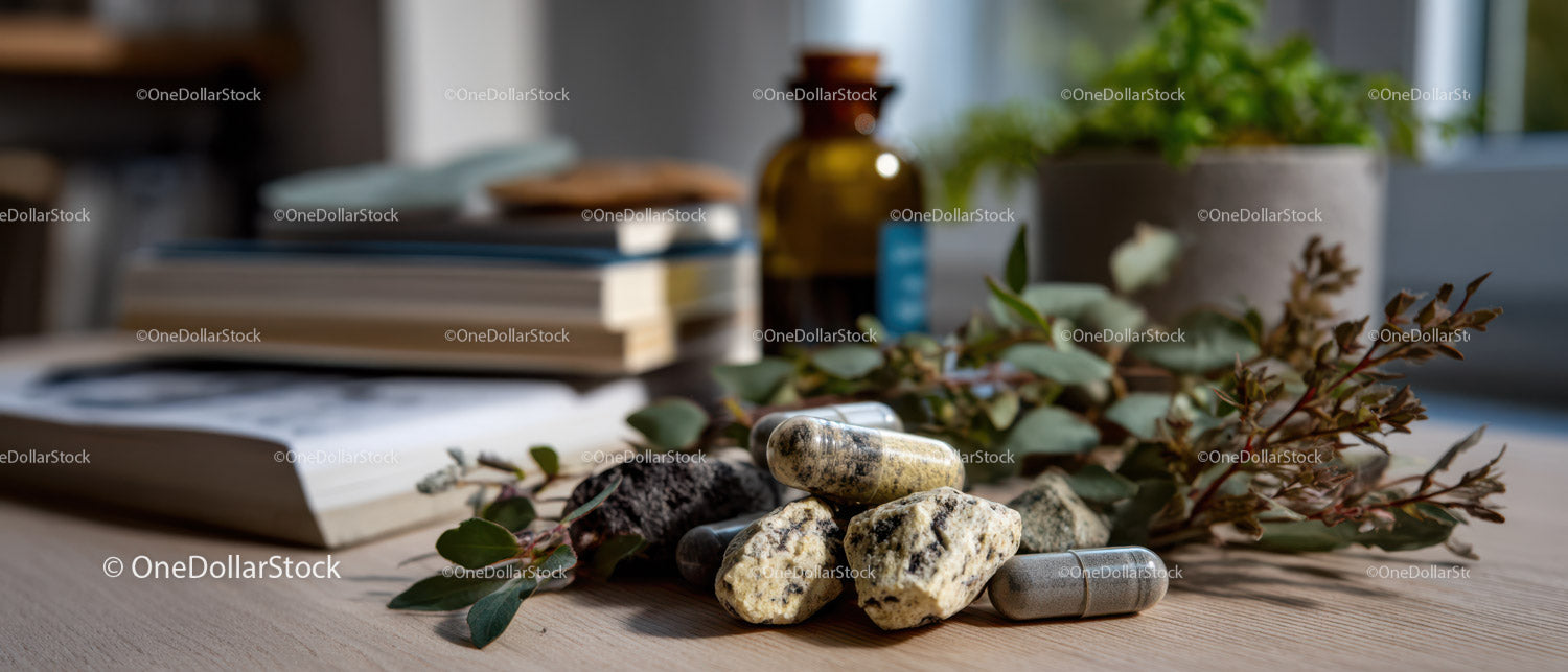 Decorative Stones and Indoor Plant on Wooden Desk in Modern Office