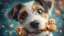 Close-Up of Playful Puppy Holding Biscuit with Bright Eyes