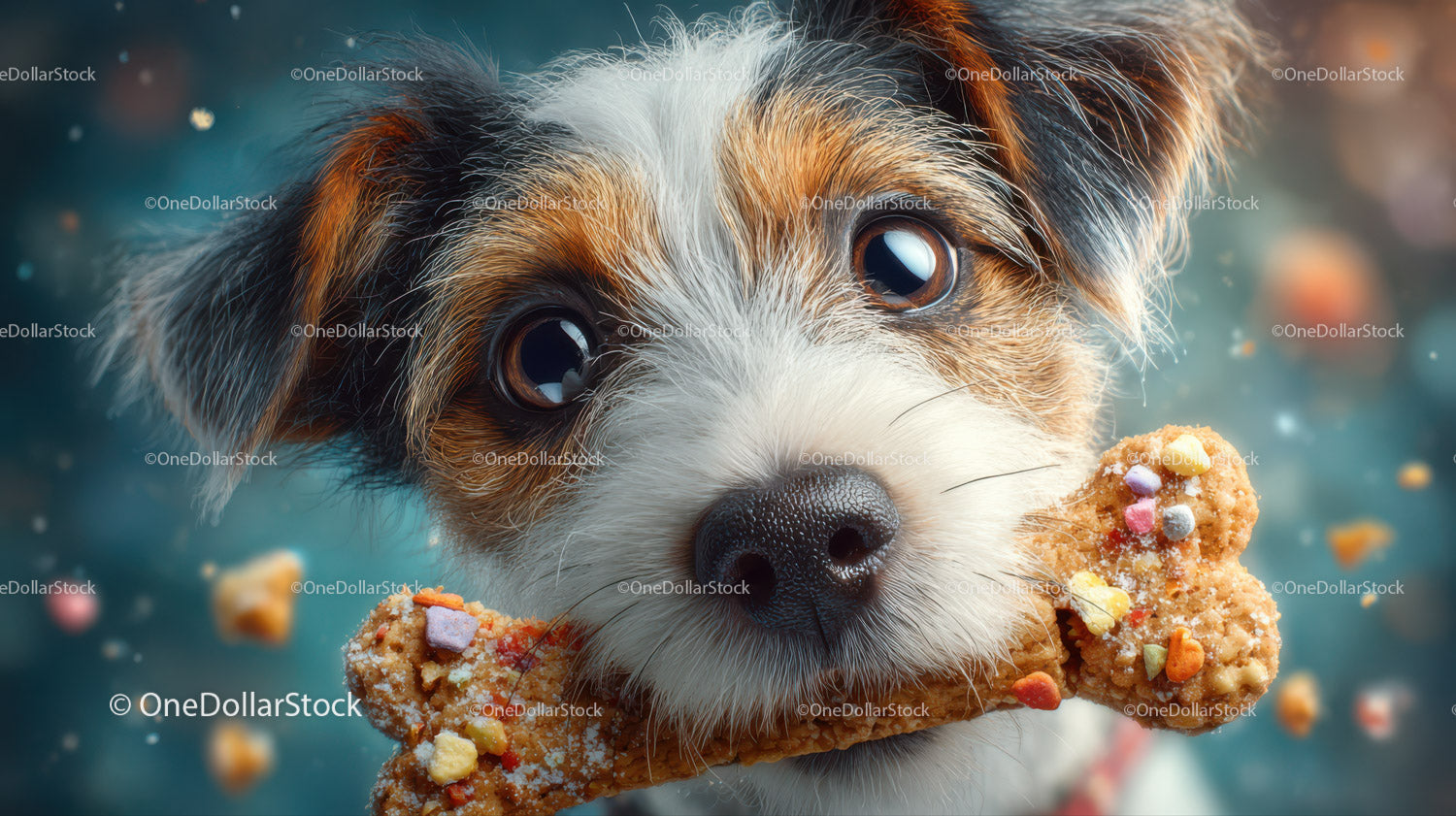 Close-Up of Playful Puppy Holding Biscuit with Bright Eyes