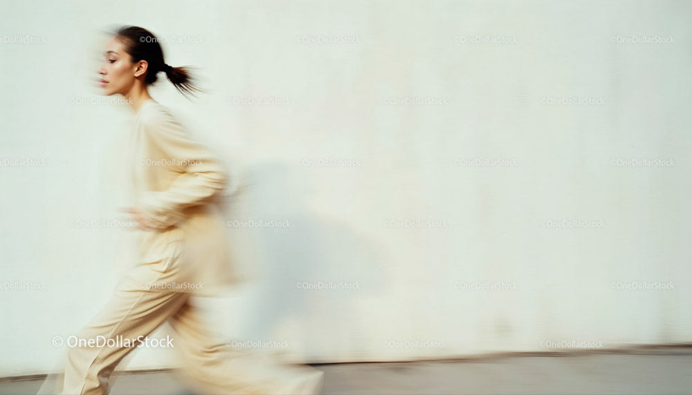 Stylish Woman in Motion Wearing Elegant Beige Outfit