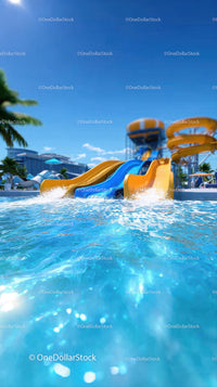 Colorful Water Slides in a Modern Water Park Under Bright Blue Sky
