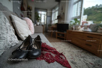 Chic Black Heels and a Red Lace Dress in a Cozy Bedroom Setting