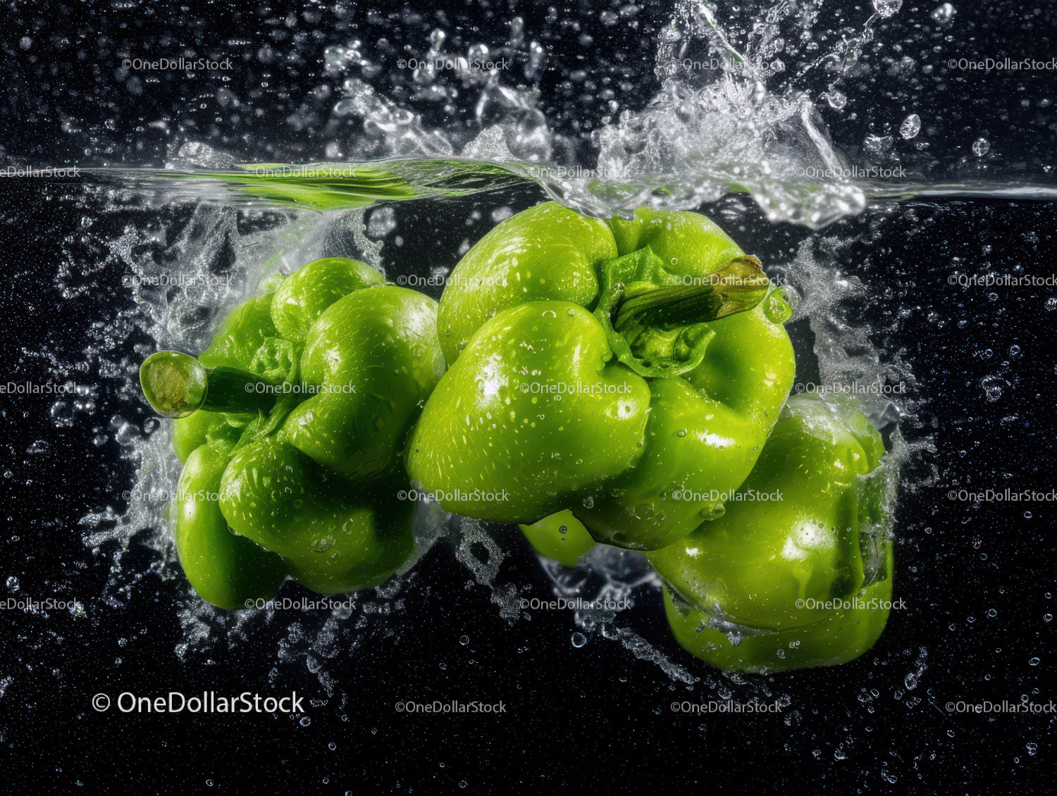 Fresh Green Bell Peppers Under Water Splash in Food Photography