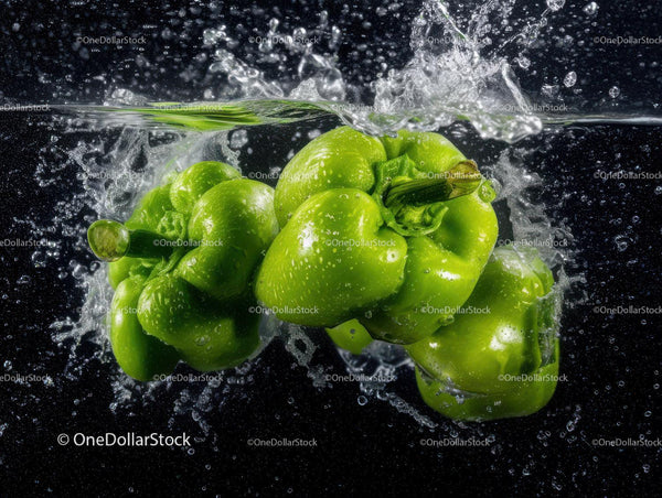 Fresh Green Bell Peppers Under Water Splash in Food Photography