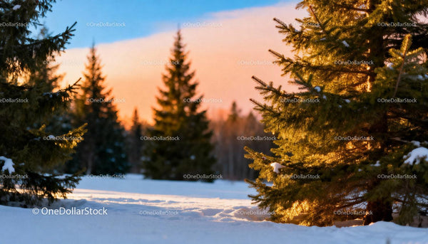 Winter Pines Glowing at Sunset in Snowy Forest