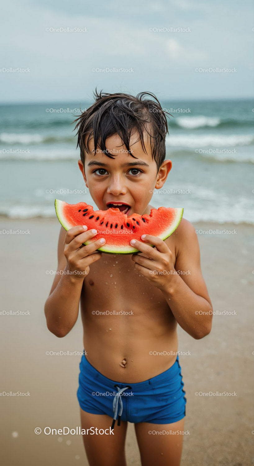 Happy Boy Enjoying Juicy Watermelon at Beach in Summer