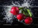 Fresh Red Radishes with Water Splash in a Natural Garden Setting