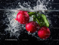 Fresh Red Radishes with Water Splash in a Natural Garden Setting
