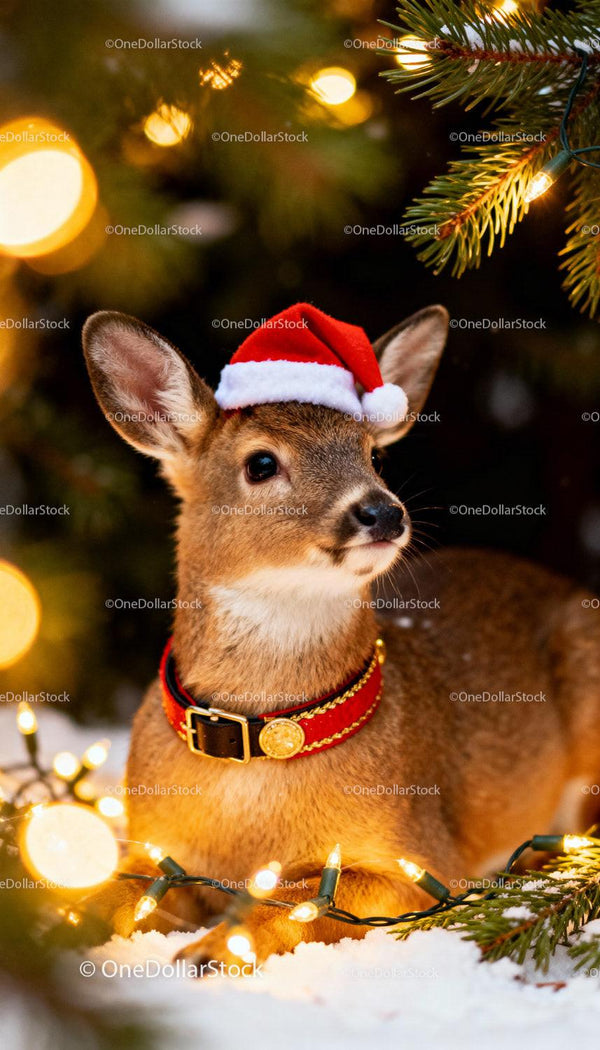 Cute fawn wearing Santa hat with Christmas lights