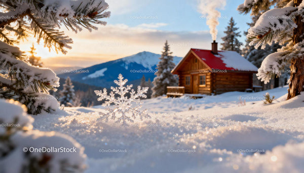 Winter cabin with detailed snowflake at sunset