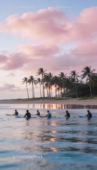 Group of surfers waiting for waves during sunset