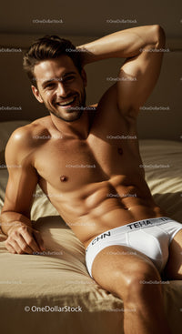 Smiling fit man relaxing on bed in natural light