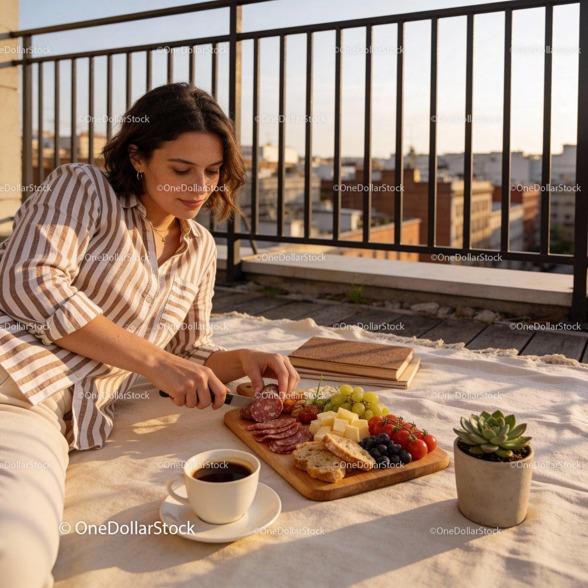 Woman enjoying a relaxed rooftop charcuterie and coffee