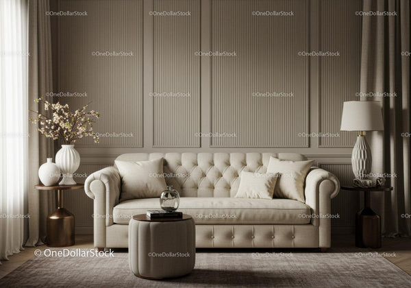 Elegant beige sofa in classic living room interior