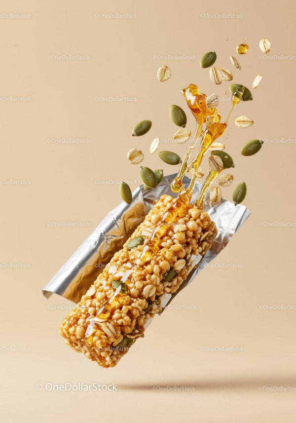 Healthy granola bar with honey and seeds close up
