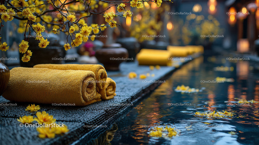 Serene Outdoor Spa Scene with Yellow Towels and Blooming Flowers