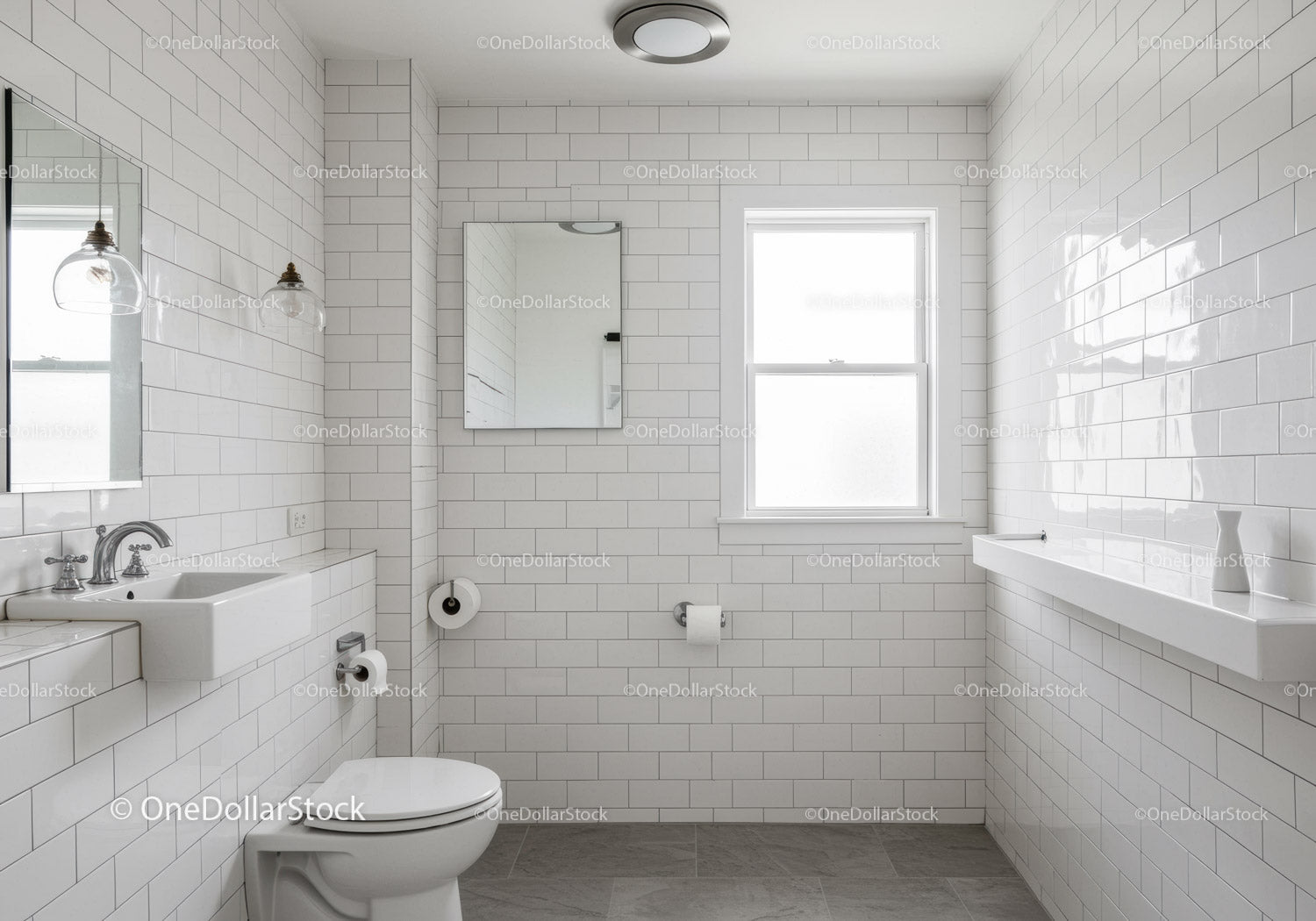Bright Modern Bathroom with White Subway Tiles and Natural Light