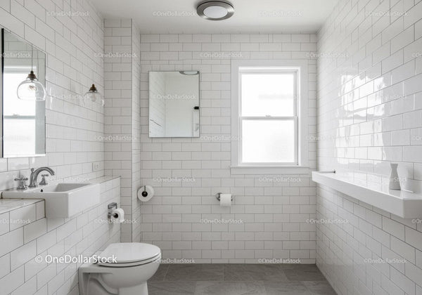 Bright Modern Bathroom with White Subway Tiles and Natural Light