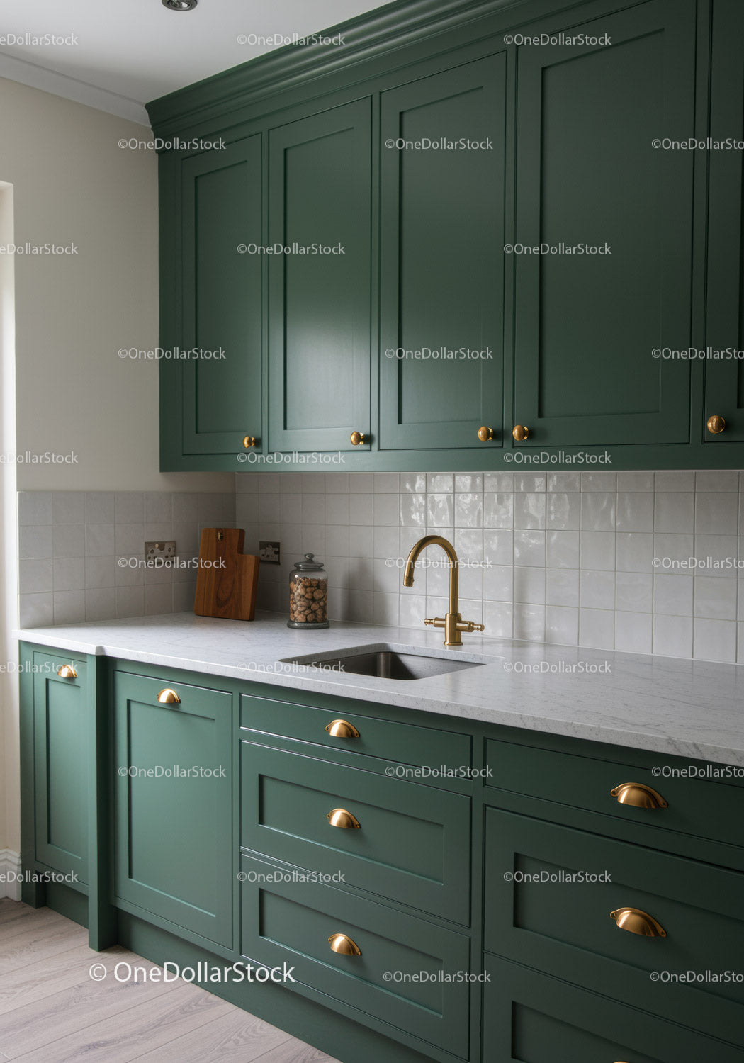 Green Kitchen Cabinets with Brass Hardware and Modern Design