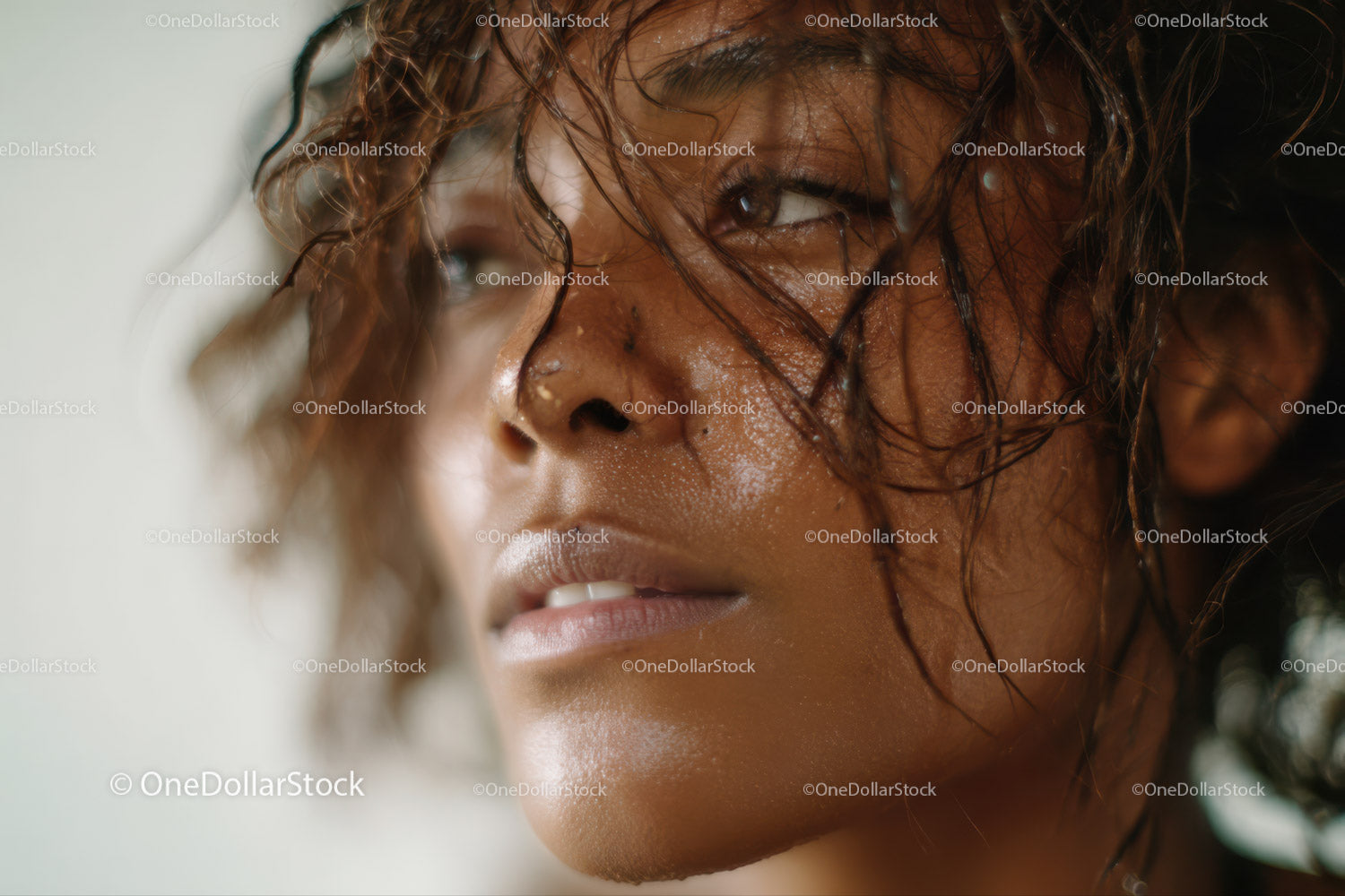 Close-up Portrait of a Woman with Curly Wet Hair and Natural Glow