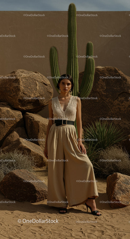 Elegant Model in Brown Suit Posing Amidst Desert Rocks