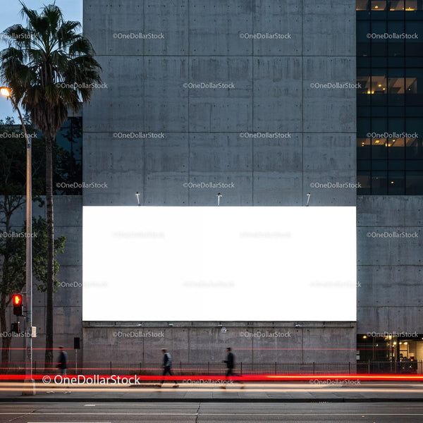 Urban evening scene with blank billboard on concrete wall JPG Mockup Image