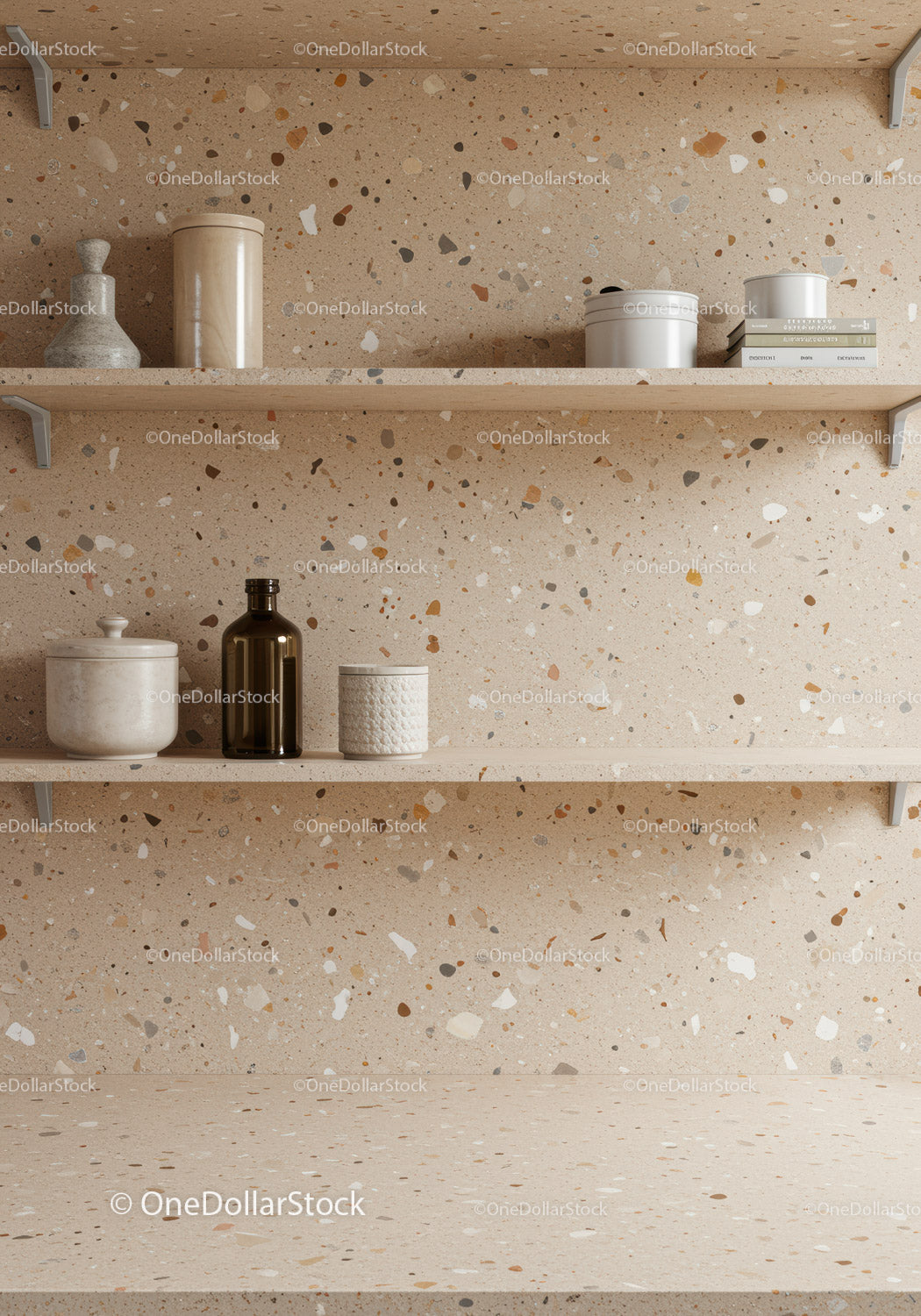 Elegant Interior with Beige Terrazzo Wall and Decorative Shelves