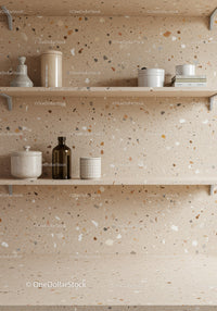 Elegant Interior with Beige Terrazzo Wall and Decorative Shelves