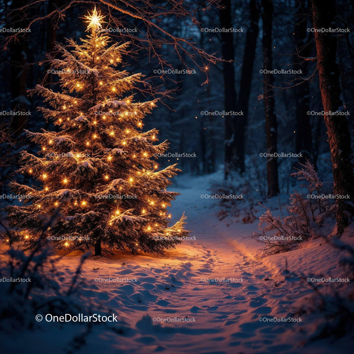 Illuminated Christmas tree glowing in snowy winter forest