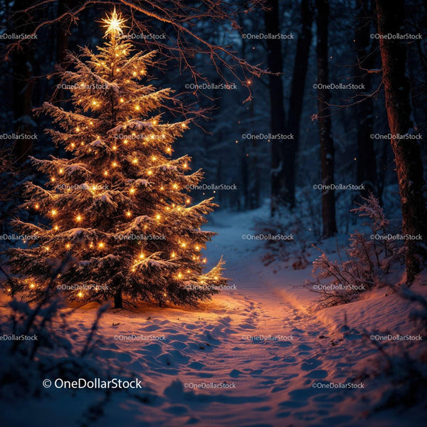 Illuminated Christmas tree glowing in snowy winter forest