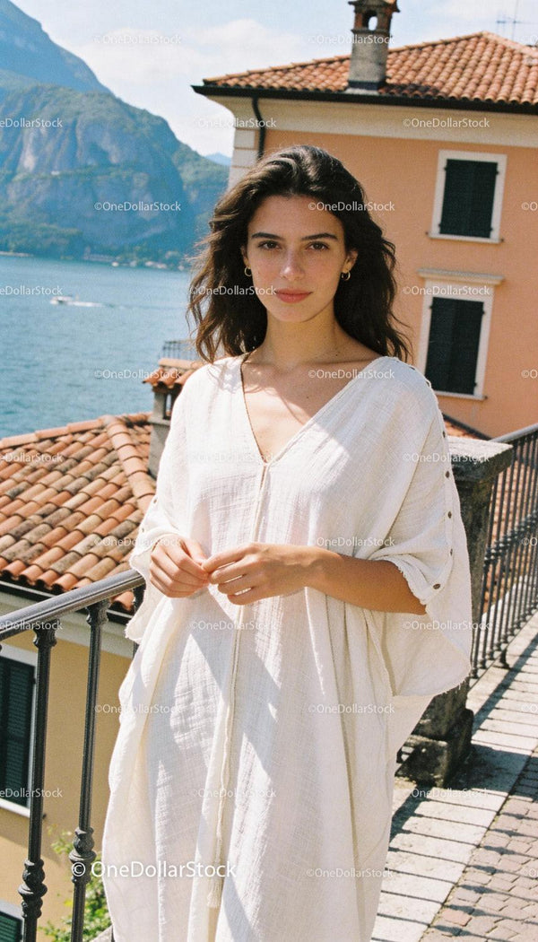 Woman in White Dress Posing by Lakeside Balcony