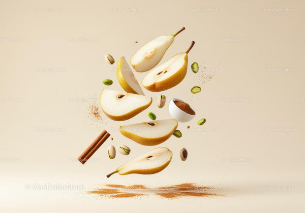 Sliced Pears with Pistachios and Cinnamon Spice Floating