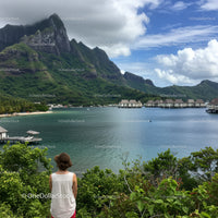 Lush Green Mountain Landscape with Overwater Bottages and Lake