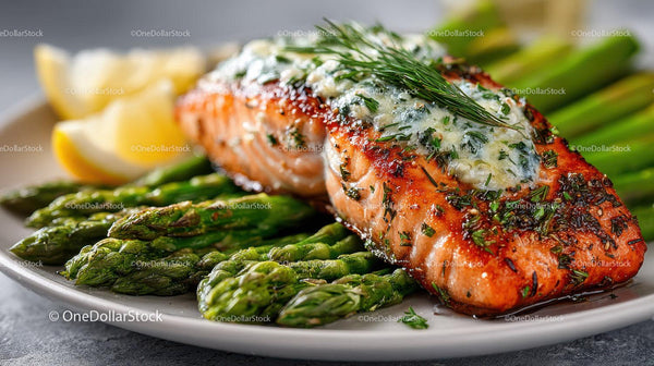 Grilled Salmon with Asparagus and Lemon Wedges
