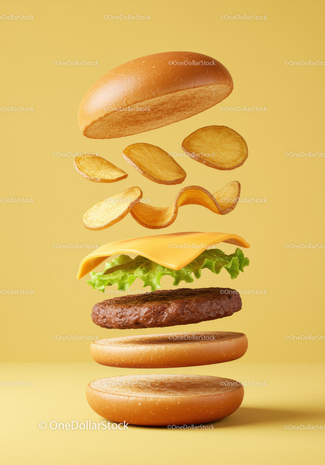 Warstwowy cheeseburger z frytkami i świeżą sałatą