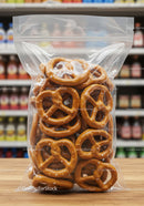 Clear Bag of Salted Pretzels on Wooden Table