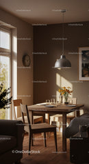 Cozy dining area with wooden furniture and warm sunlight