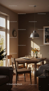 Cozy dining area with wooden furniture and warm sunlight