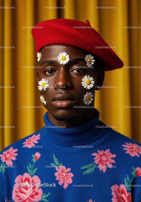 Young man with daisies on face wearing red beret and floral sweater