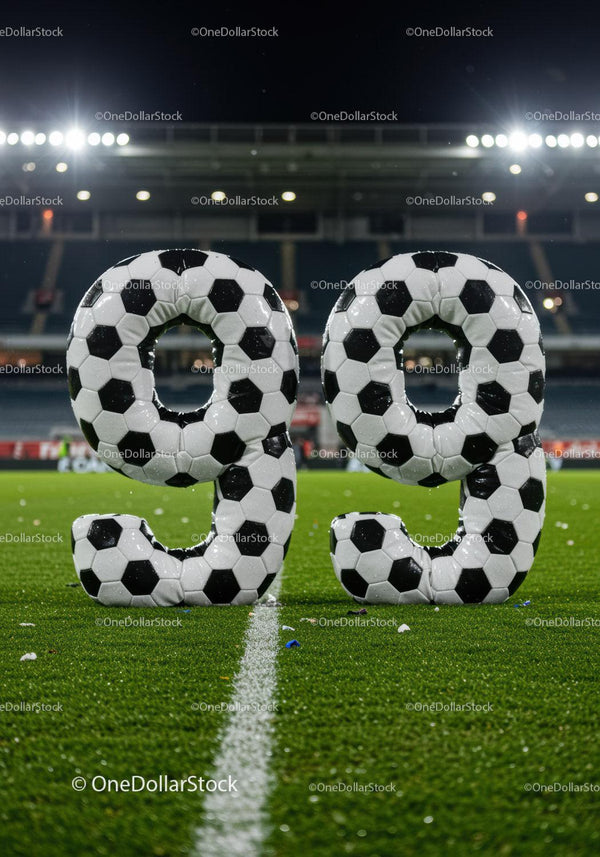 Piłka nożna w kształcie liczby 99 na stadionowym boisku