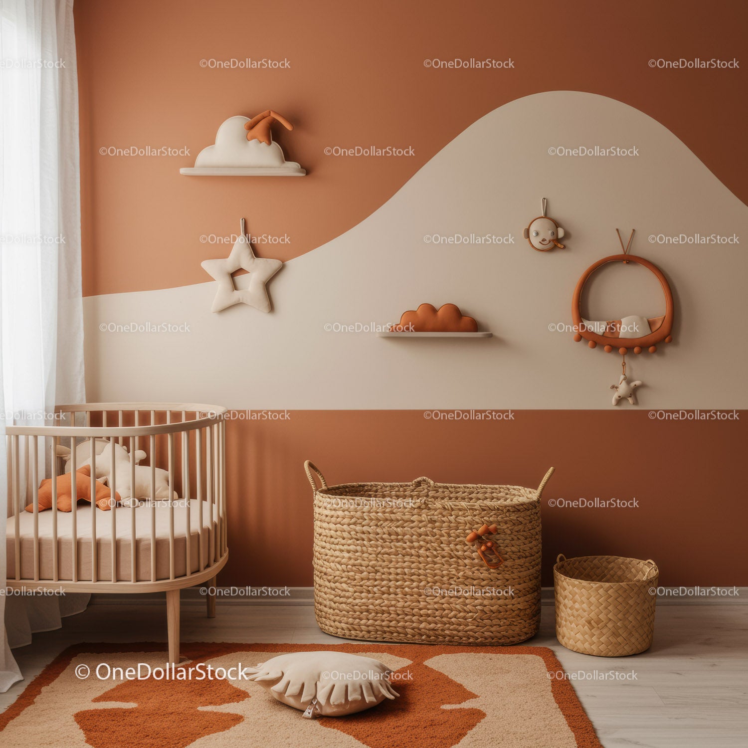 Cozy Nursery with Cloud Wall Art Star Hanger and Woven Baskets
