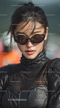 Stylish Model in Sunglasses with Leather Jacket Outdoors