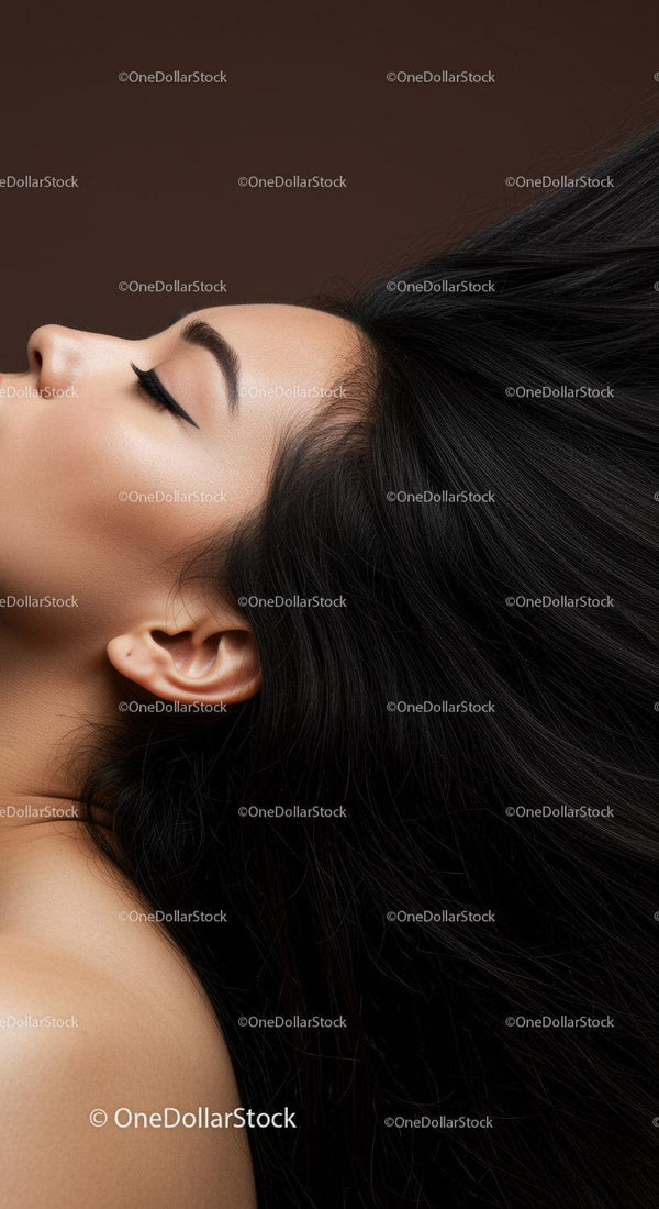 Closeup profile of serene woman with flowing black hair
