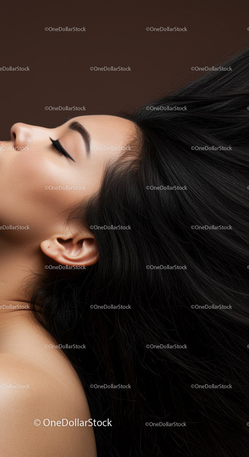 Closeup profile of serene woman with flowing black hair