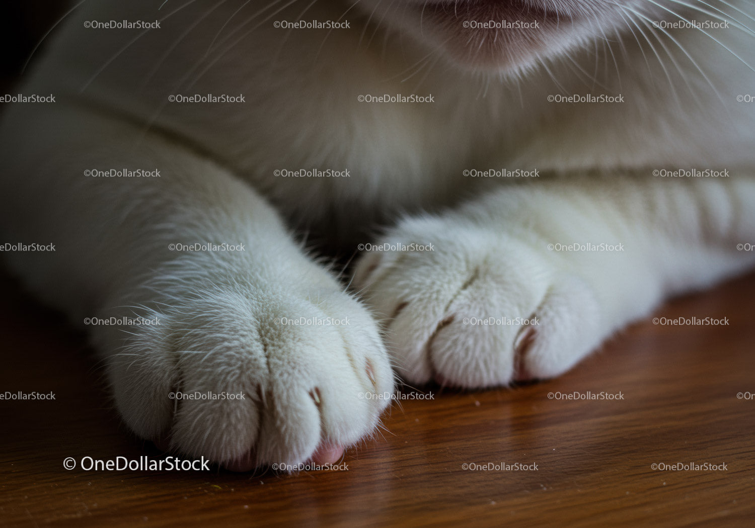 Closeup of a Cat's White Paws Resting on Wooden Surface