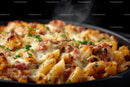 Creamy Baked Pasta with Bacon and Melted Cheese in a Black Skillet